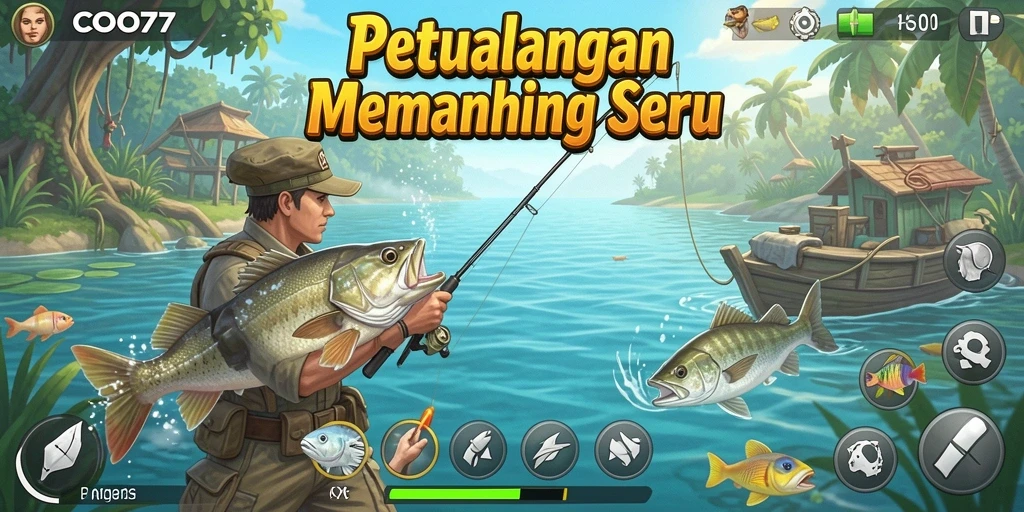 Screenshot gameplay COO77 dengan ikan yang ditangkap di laut.