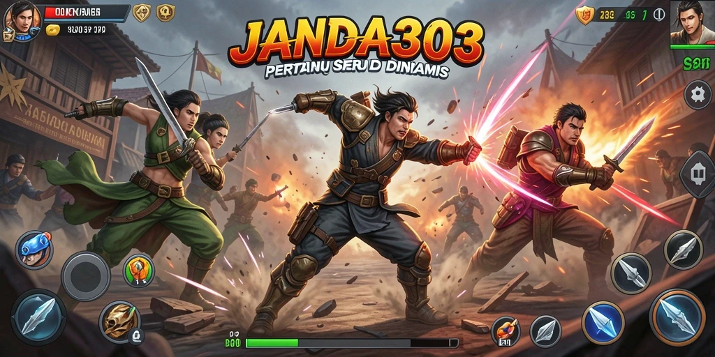 Tangkapan layar dari gameplay JANDA303 dengan karakter bertarung di arena.