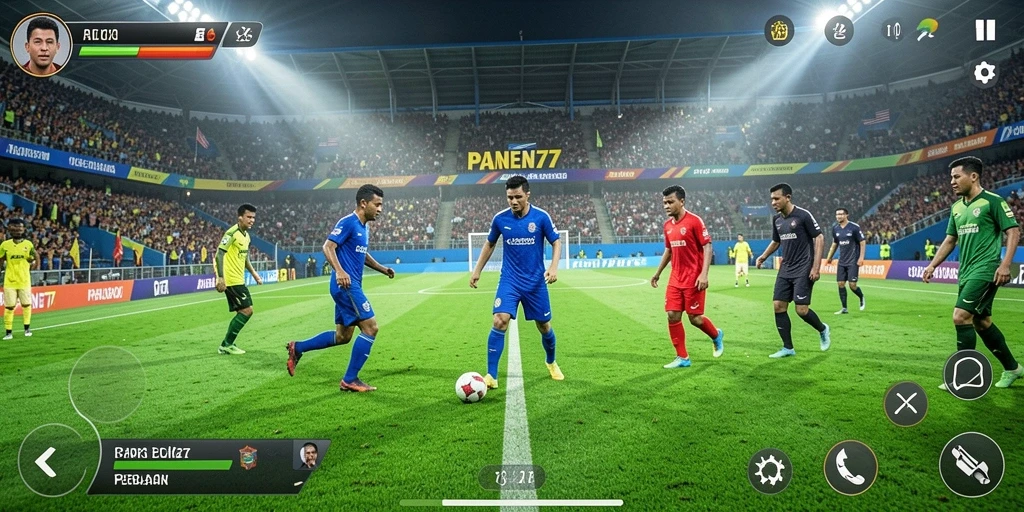 Tangkapan layar gameplay PANEN77 menampilkan aksi sepak bola yang mendebarkan.