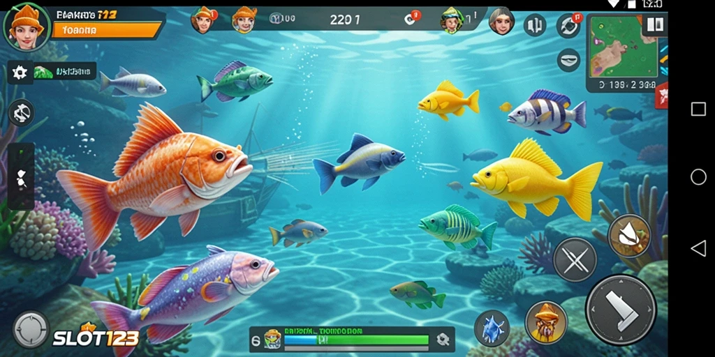 Screenshot utama menampilkan aksi seru menembak ikan.